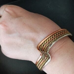 Vintage Taxco mixed metal woven cuff Modernist bracelet in copper brass silver